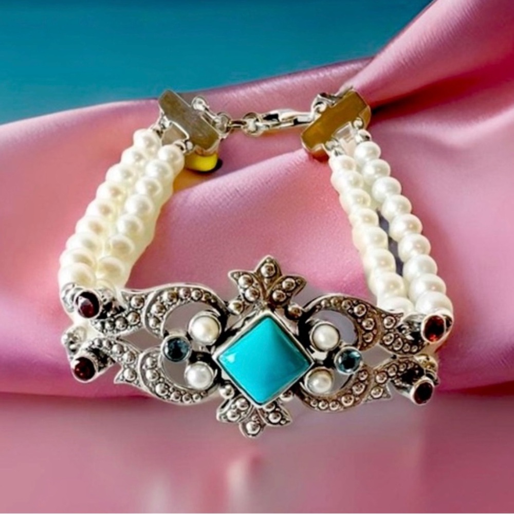 🌟NICKY BUTLER 925 Sterling Silver Turquoise Pearl Multi Gem Bracelet NEW NB